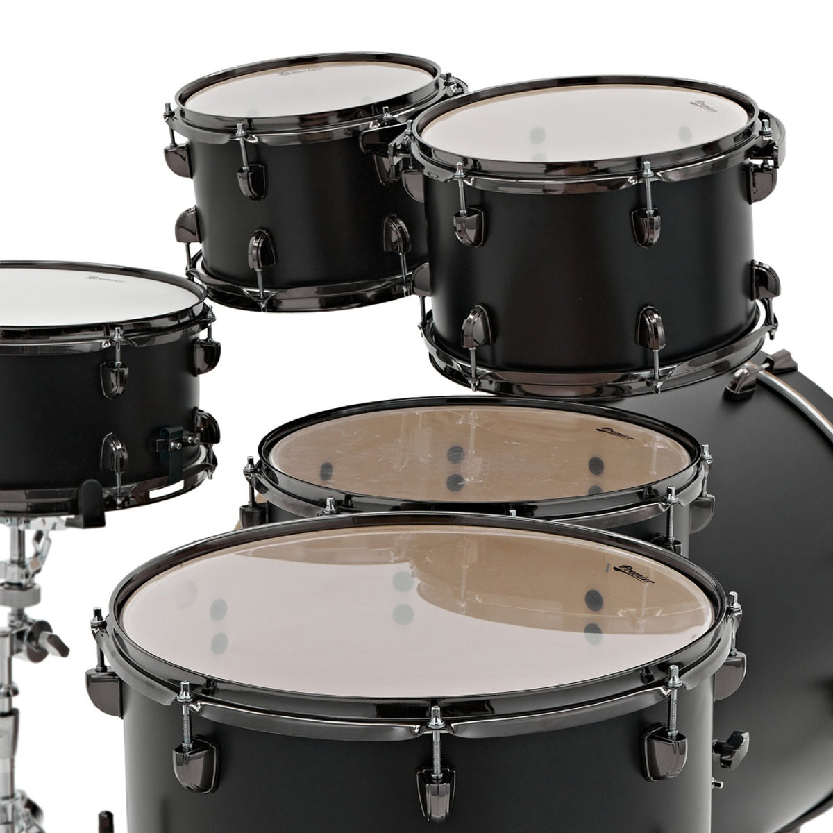 Premier Artist 22" six-piece shell pack in Matt Black (10/12/14/16/22): close-up of the rack toms showing the black nickel hoops and lugs