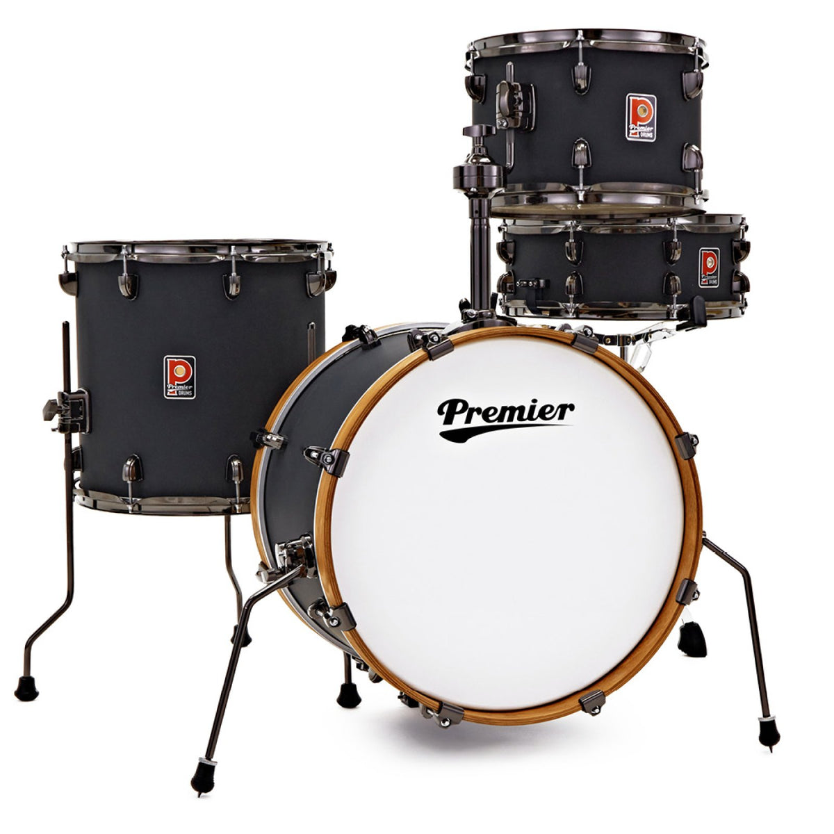 Premier Artist Heritage 18" 4-piece shell pack in Phantom Ash matte black with antique ash bass drum hoops, front view of the bass drum, toms and snare