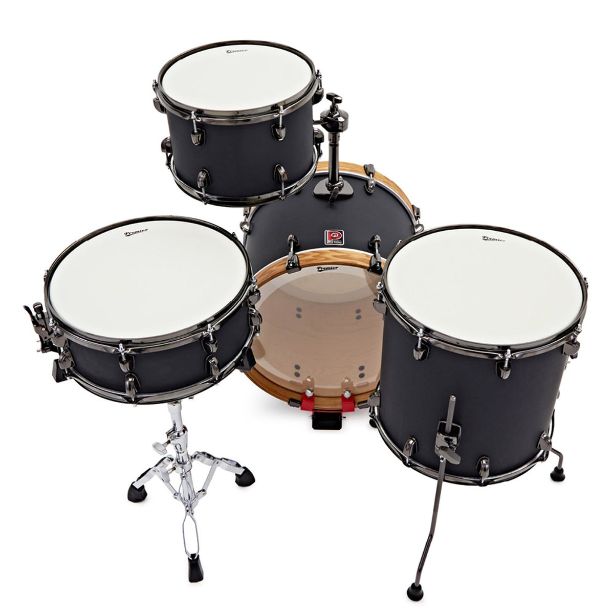 Premier Artist Heritage 18" shell pack in Phantom Ash, rear view showing the snare drum on a stand, two toms and the 18 x 14 bass drum