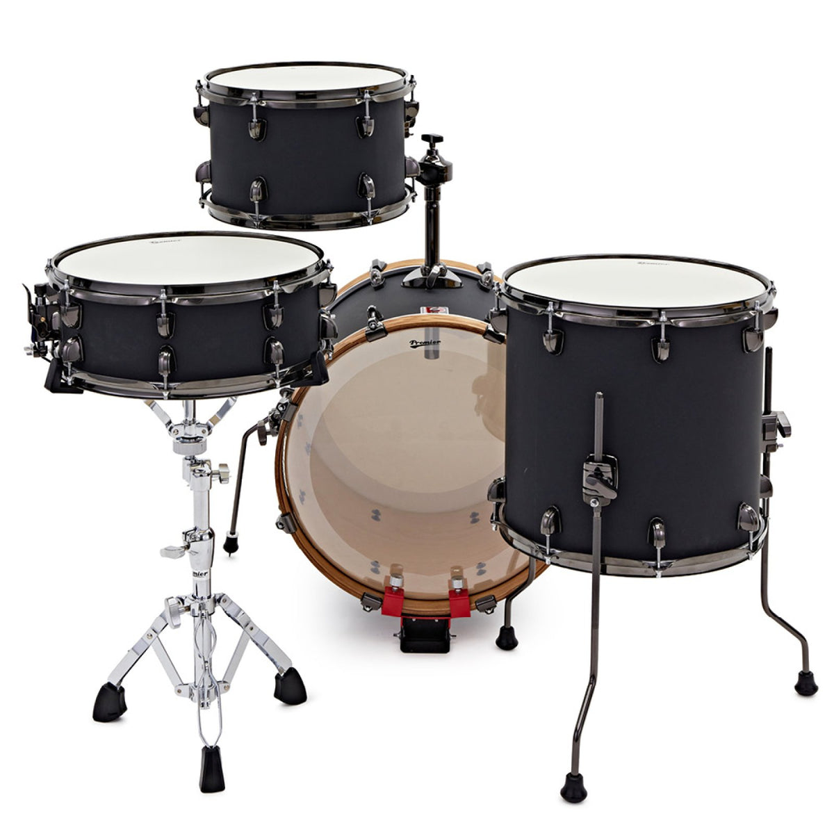 Premier Artist Heritage Phantom Ash shell pack, side view of the snare drum, floor tom and rack tom with black nickel hardware