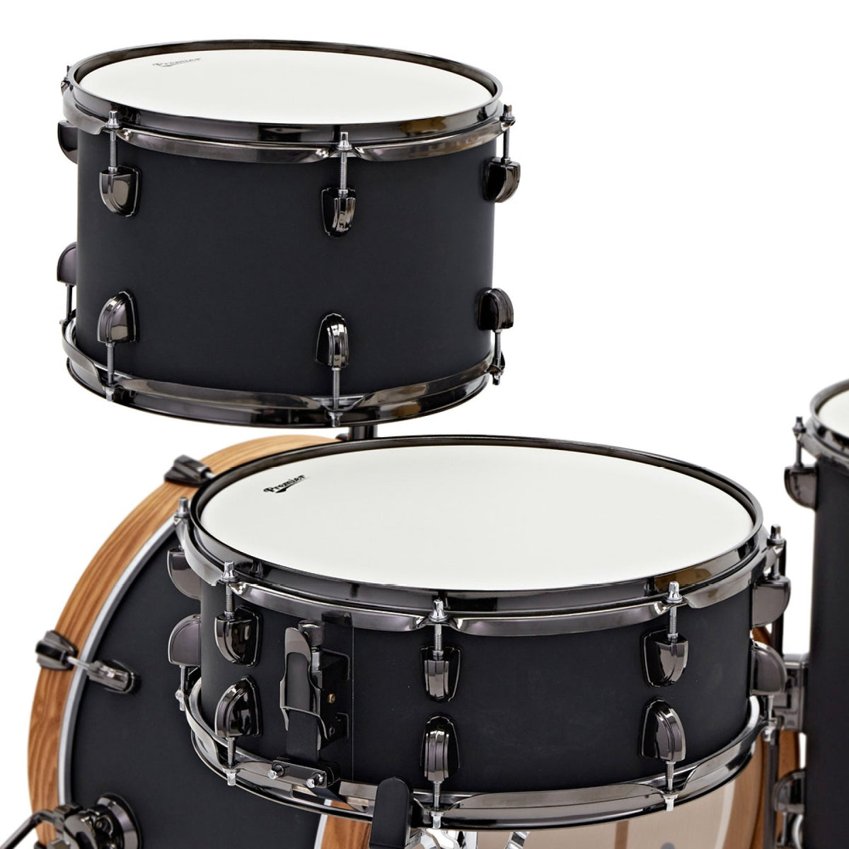Close-up of the Premier Artist Heritage Phantom Ash 14 x 5.5 snare drum and rack tom with black nickel tension lugs and triple-flange hoops