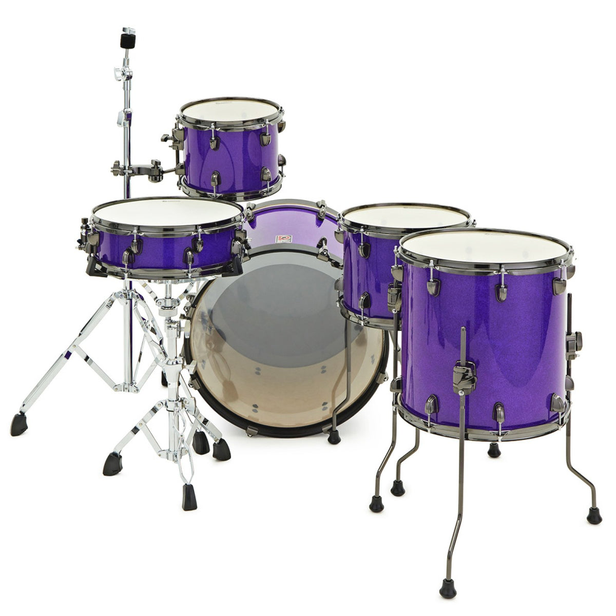 Premier Little Criminal shell pack in Purple Rain Sparkle, rear view of the toms, snare and bass drum with black nickel hardware