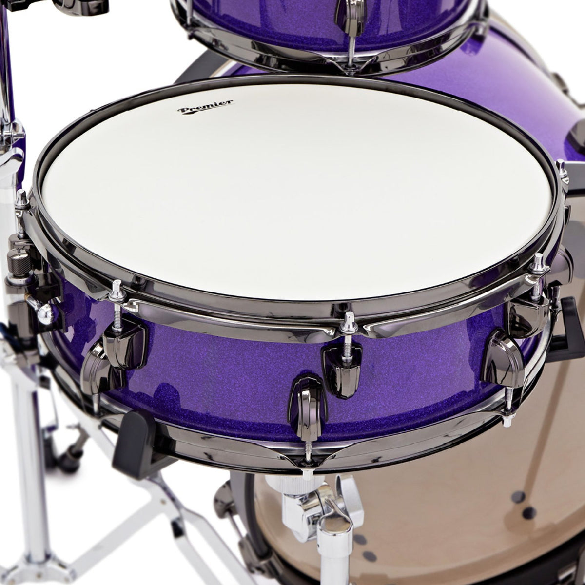 Top view of the Premier Little Criminal 14 x 4.5 snare drum in Purple Rain Sparkle with black nickel hoop