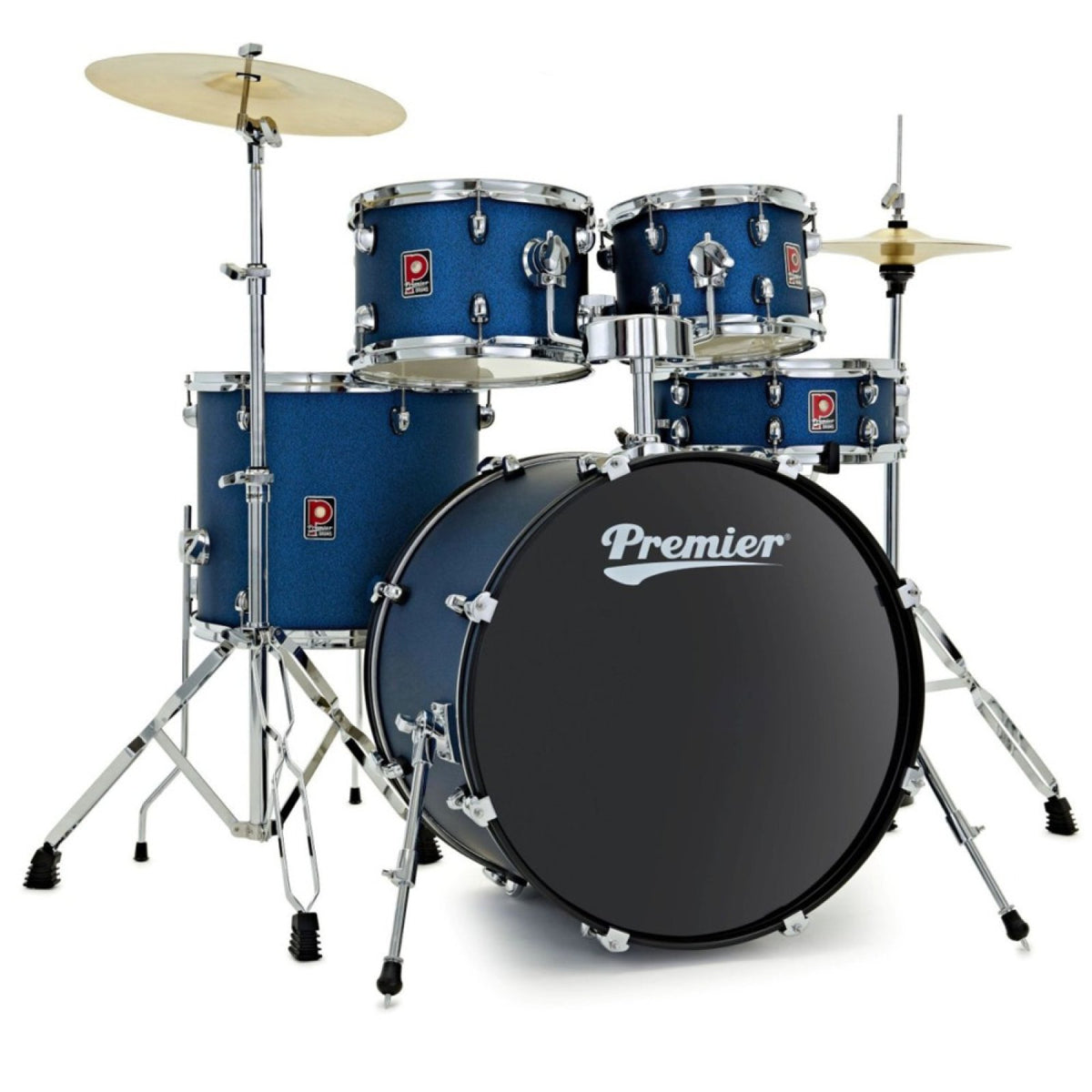 Premier Revolution PR22-5DKBSW 22 inch 5-piece drum kit in blue dust sparkle with chrome hardware, cymbals and black bass drum head