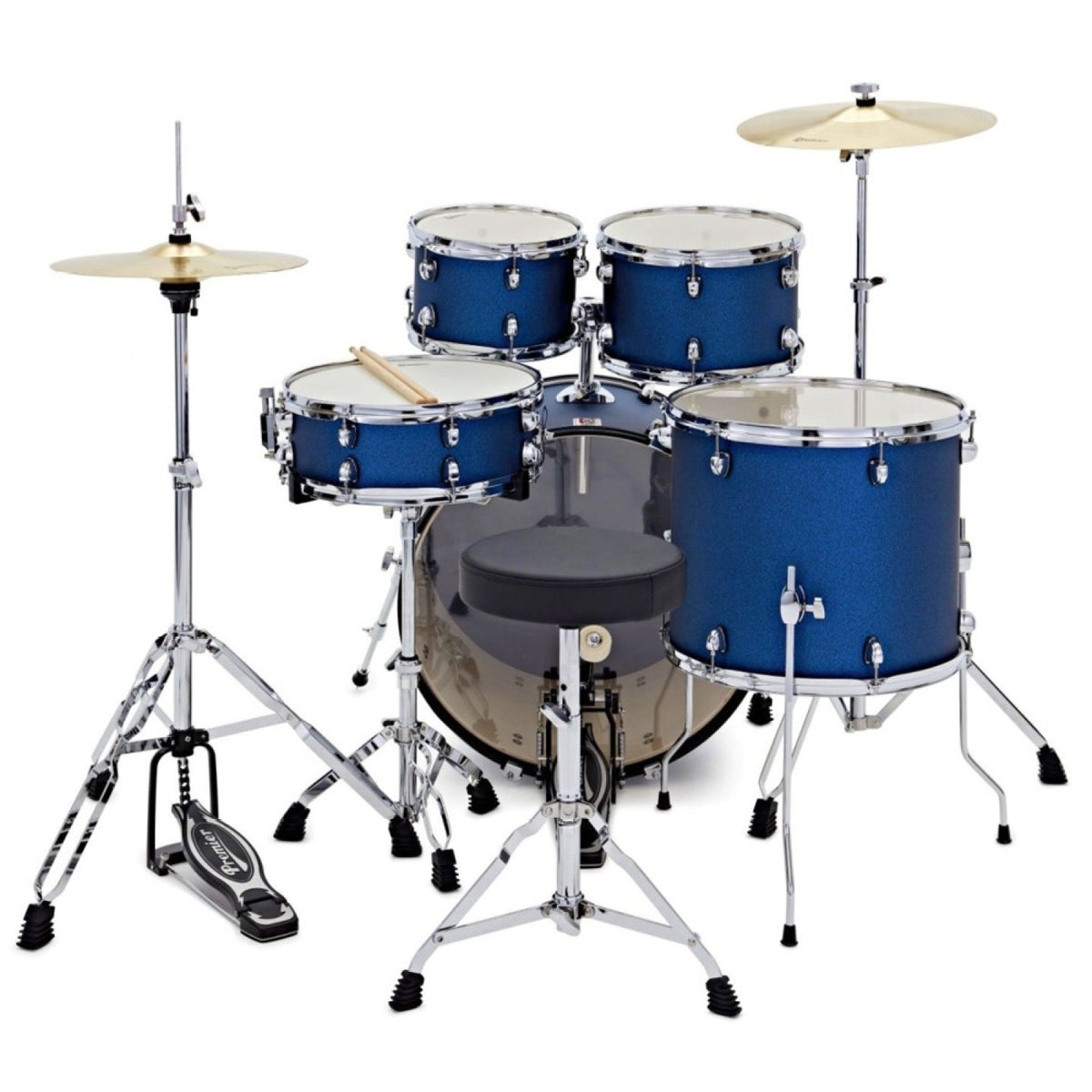 Premier Revolution PR22-5DKBSW blue sparkle drum kit seen from the drummer's seat with hi-hat, throne, snare and toms