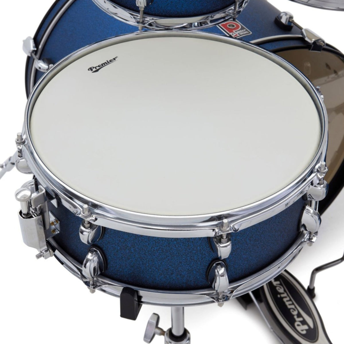 Close-up of the Premier Revolution PR22-5DKBSW blue sparkle snare drum with chrome triple-flange hoop and lugs