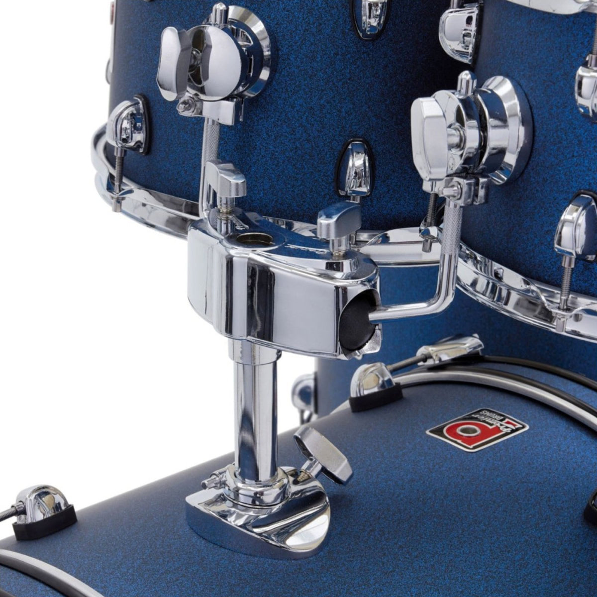 Close-up of the Premier Revolution PR22-5DKBSW tom holder with memory lock on blue sparkle toms