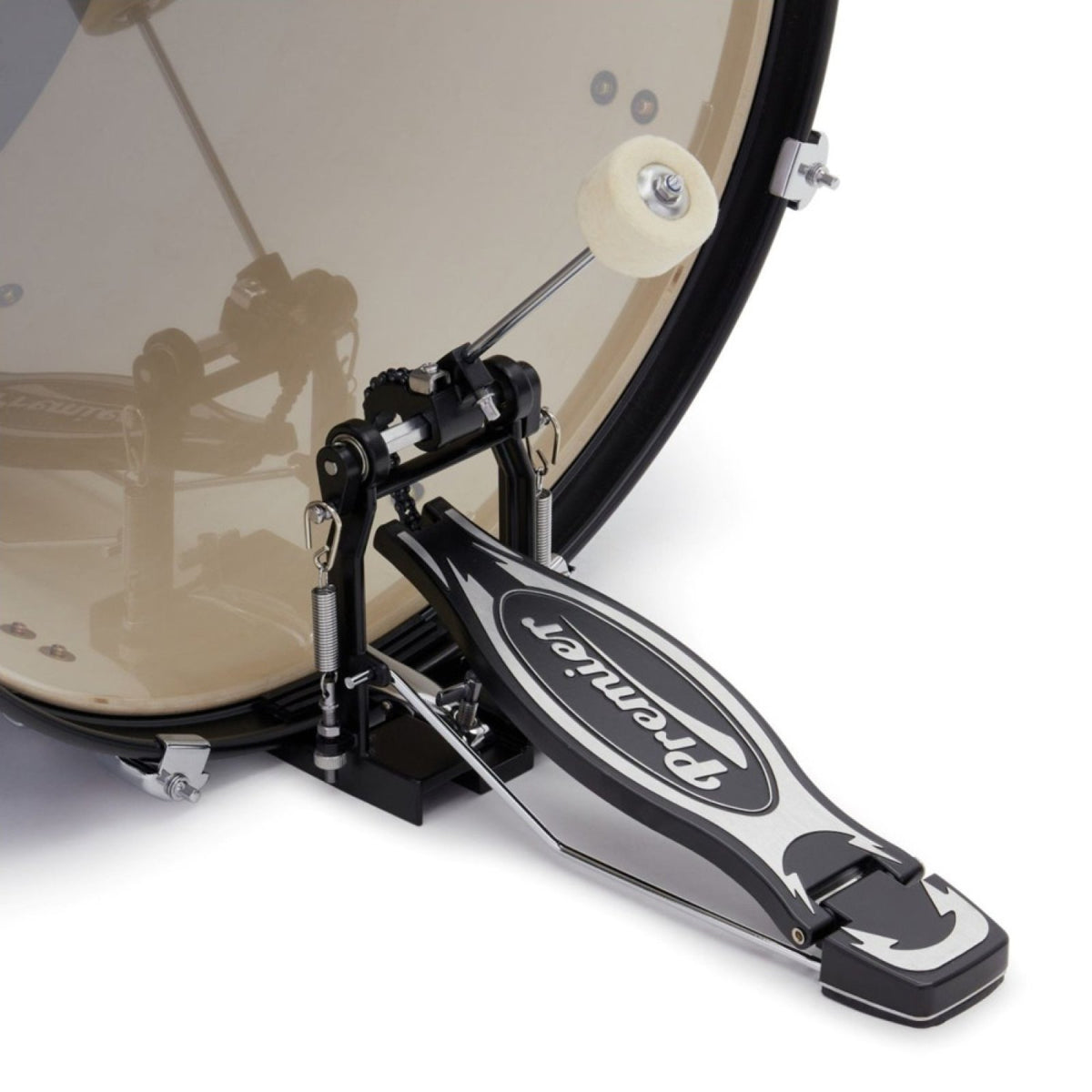 Premier bass drum pedal with felt beater on the Revolution PR22-5DKBSW bass drum