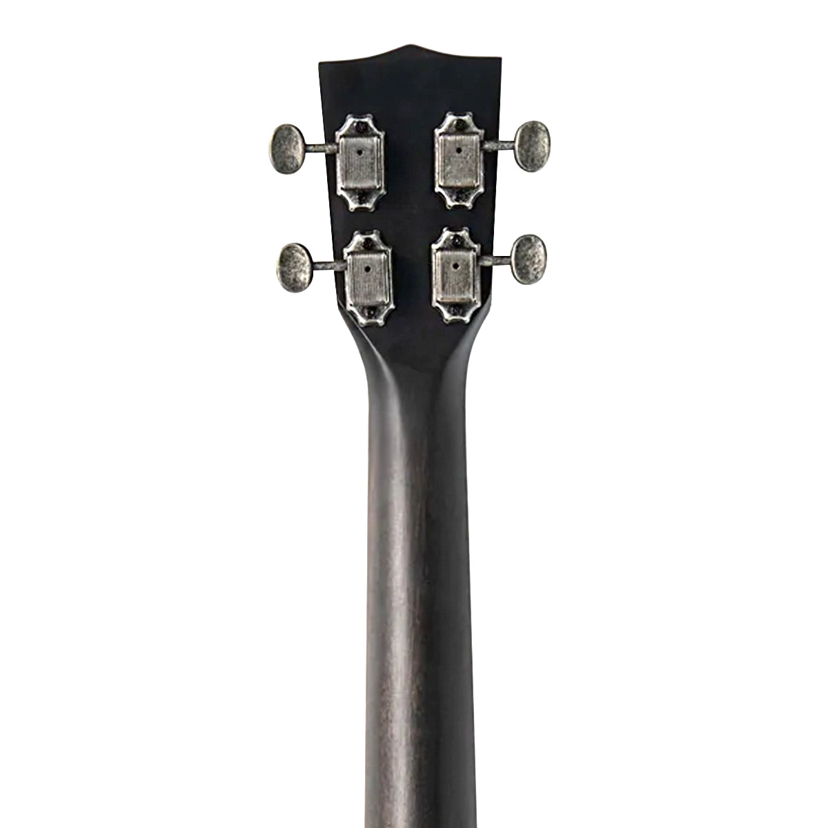 This rear view of the Kala RES-BCR-B-E Baritone Ukulele highlights its mahogany neck and standard headstock with four tuners.