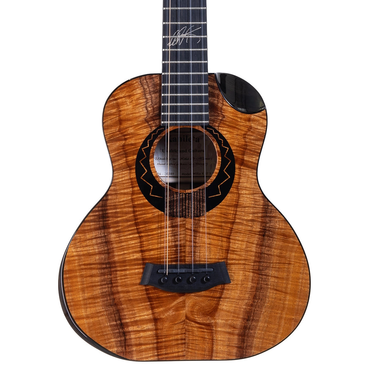 Kanile'a Willie K Premium koa 5-string super tenor ukulele, second front view of the figured koa top
