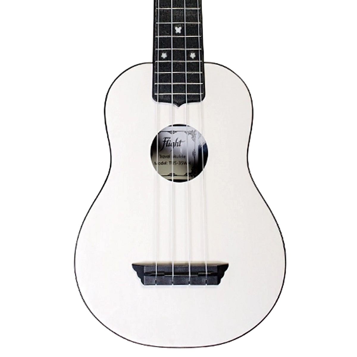 The Flight TUS-35 WH body close-up highlights the white linden top, ABS bridge, and soundhole.