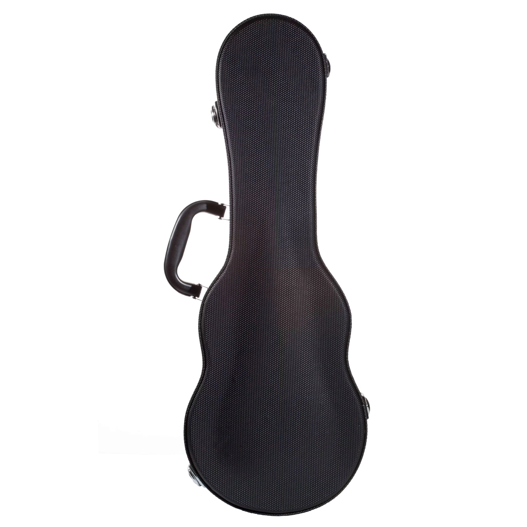 Full rear view of the Ohana UCH-19 case, highlighting its contoured sopranino shape, durable black Dura-Grip exterior, and carrying handle.