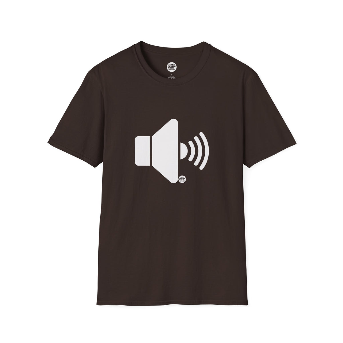 Sound On Speaker Icon t-shirt in dark chocolate brown with white speaker logo, front view