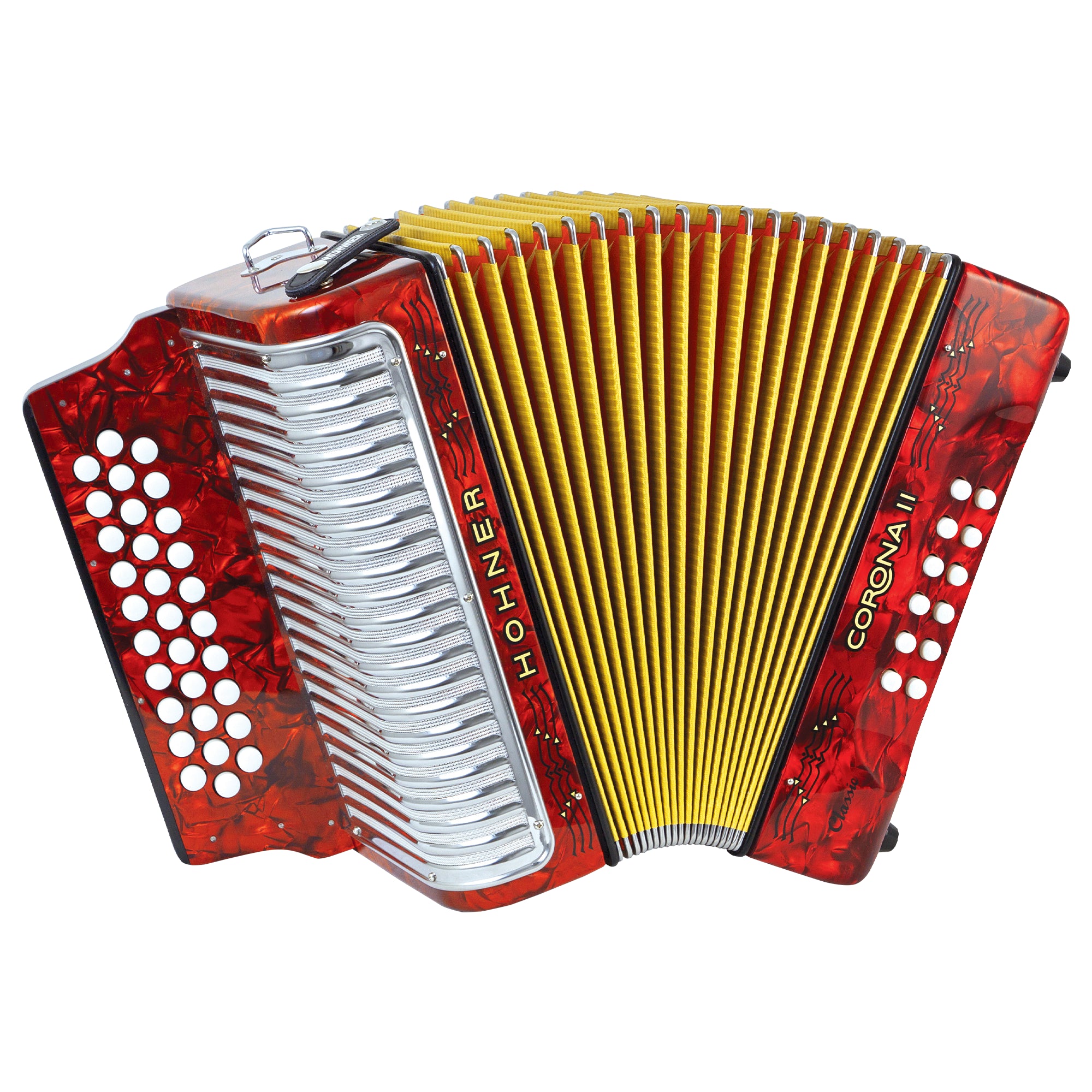 A Hohner Corona II Classic GCF Red accordion with a red marbled exterior, yellow bellows, and silver keys, shown on a plain white background.