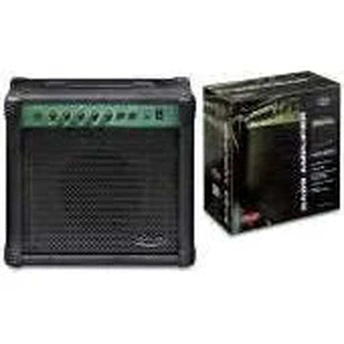 Stagg 20 BA USA 20 W bass amplifier with 8-inch speaker, shown beside its retail box