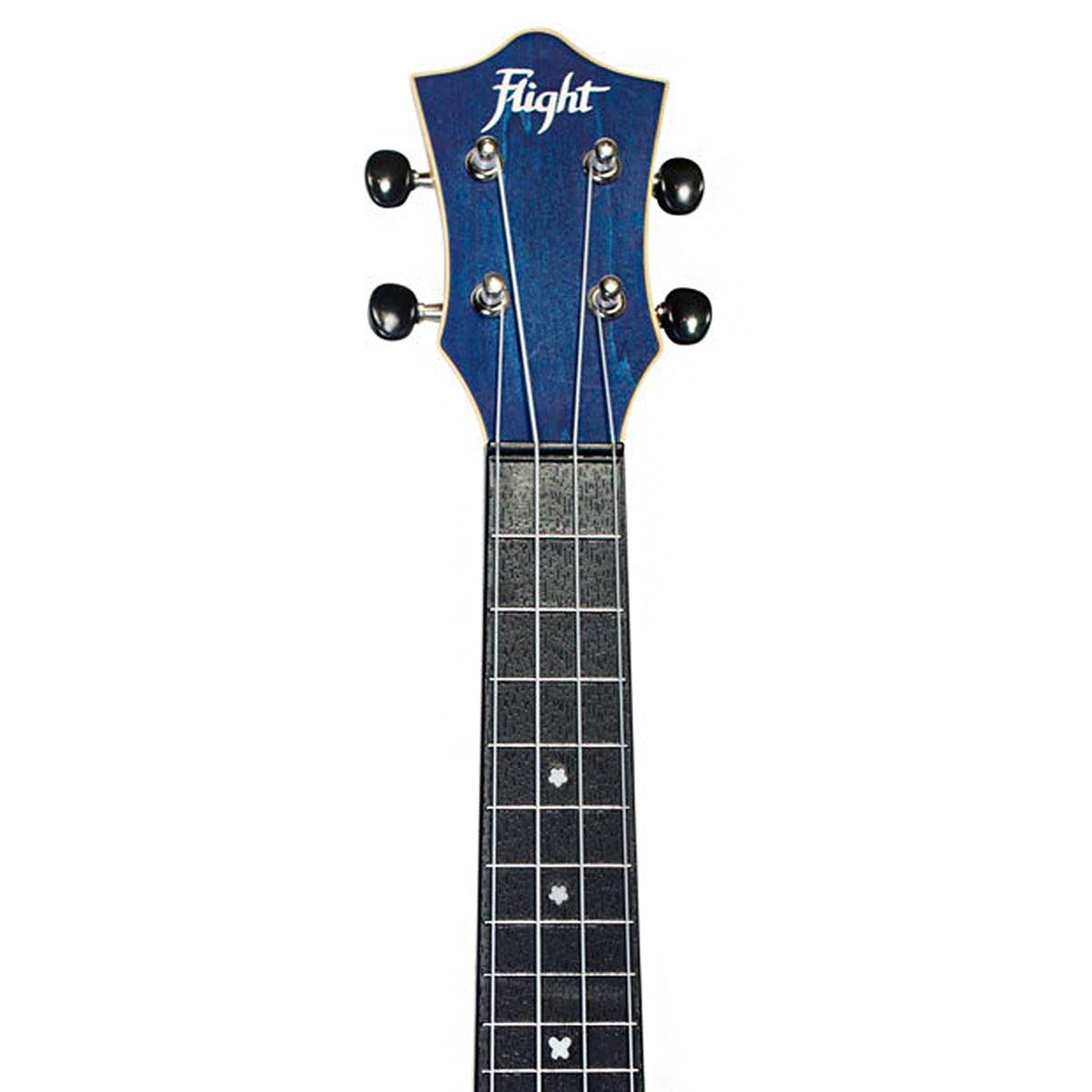 The Flight TUS-35 DB headstock close-up shows the Flight logo, open-geared tuners, and ABS fretboard with white fret markers.