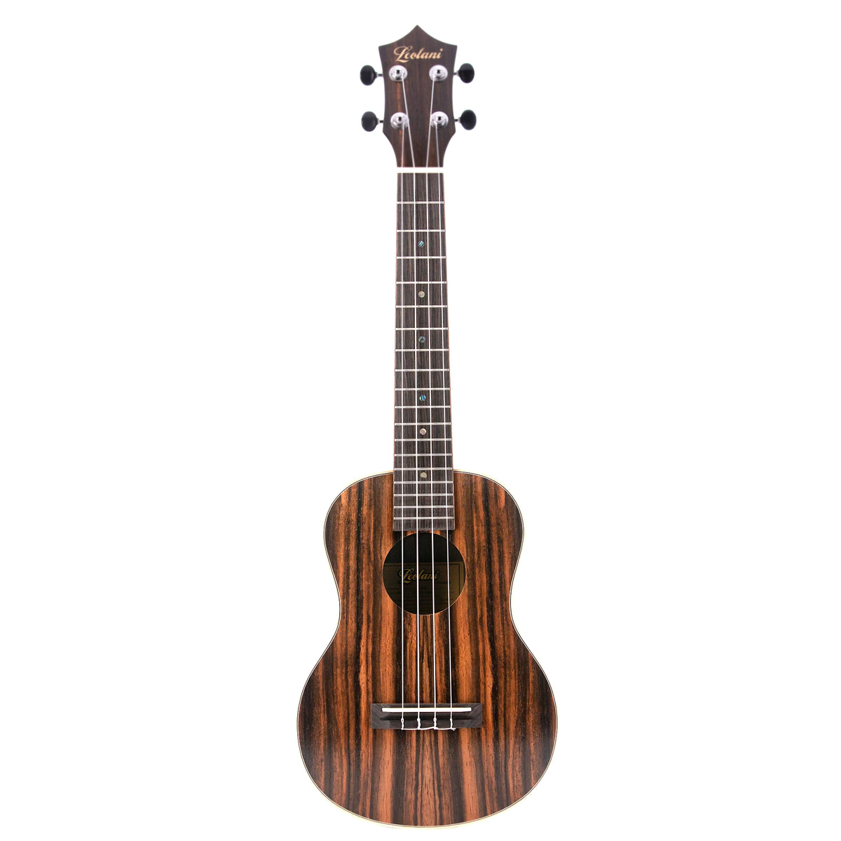 The Leolani T24G full front view showcases its Macassar ebony top and classic tenor ukulele shape.