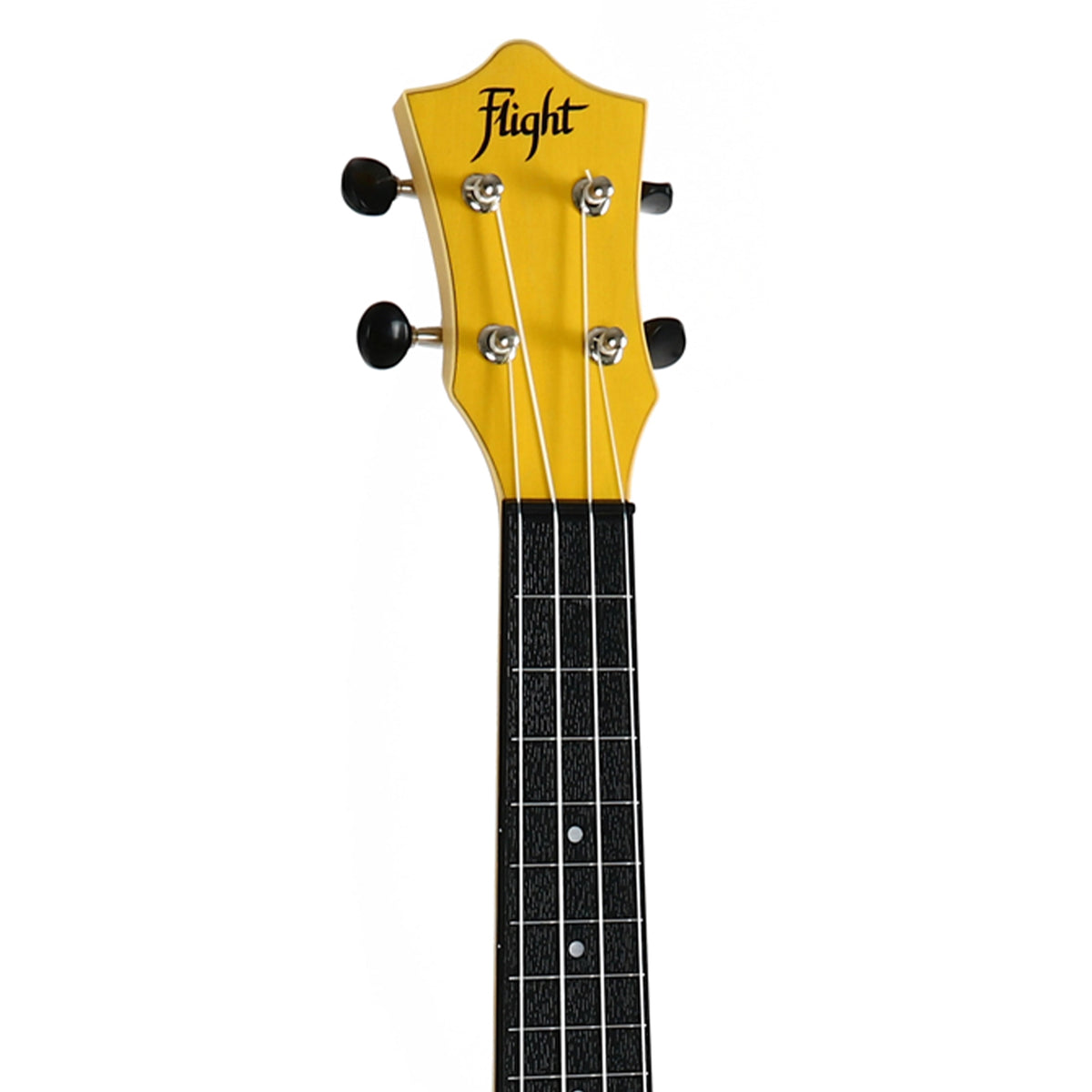 The Flight TUS-35 YL headstock close-up shows the Flight logo, open-geared tuners, and ABS fretboard with white dot markers.
