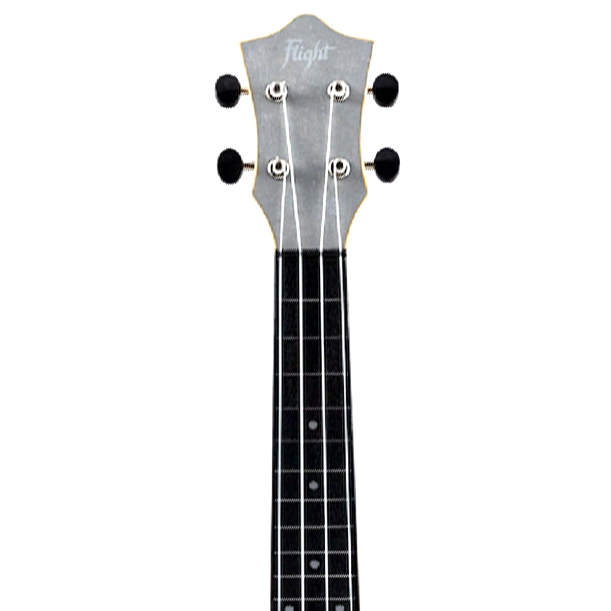 The Flight TUS-65 Silver headstock close-up shows the Flight logo, open-geared tuners, and ABS fretboard with silver dot markers.