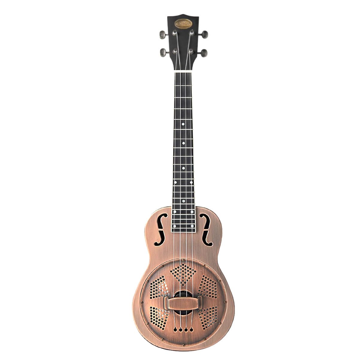 The full front view of the Kala RES-BCR-B-E Baritone Ukulele displays its bell brass body, resonator cover, and HPL fretboard.
