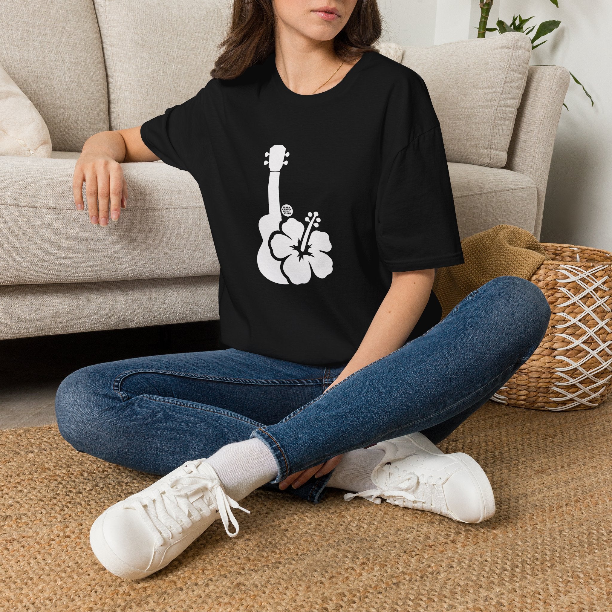 Ukulele Musician T-Shirt with Hibiscus - White Logo