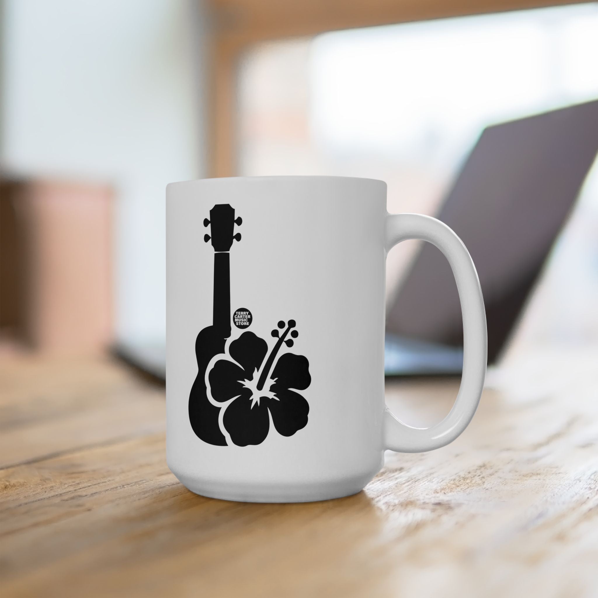Ukulele Musician White Ceramic Mug with Hibiscus - 11oz & 15oz