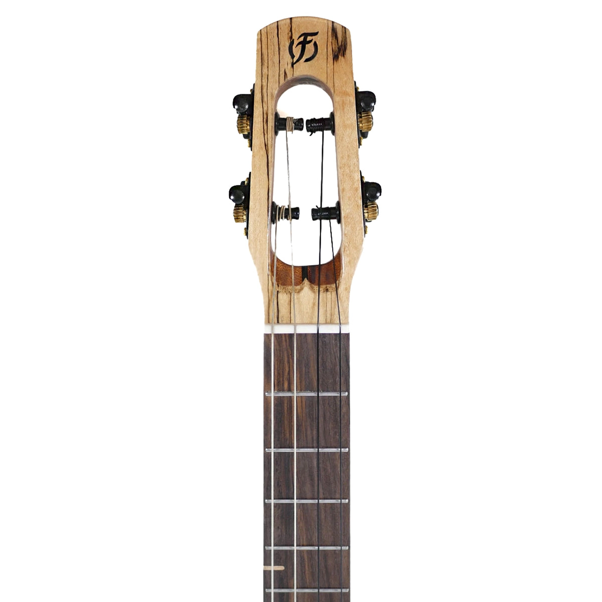 The Flight 4SB Baritone Ukulele showcases its unique spalted maple headstock, open-geared tuners, and rosewood fretboard.