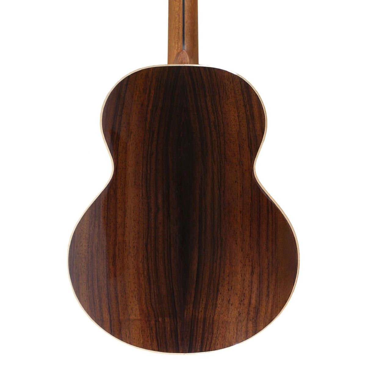 The back of the Flight 4SB Baritone Ukulele highlights its solid rosewood construction, gloss finish, and contrasting binding.