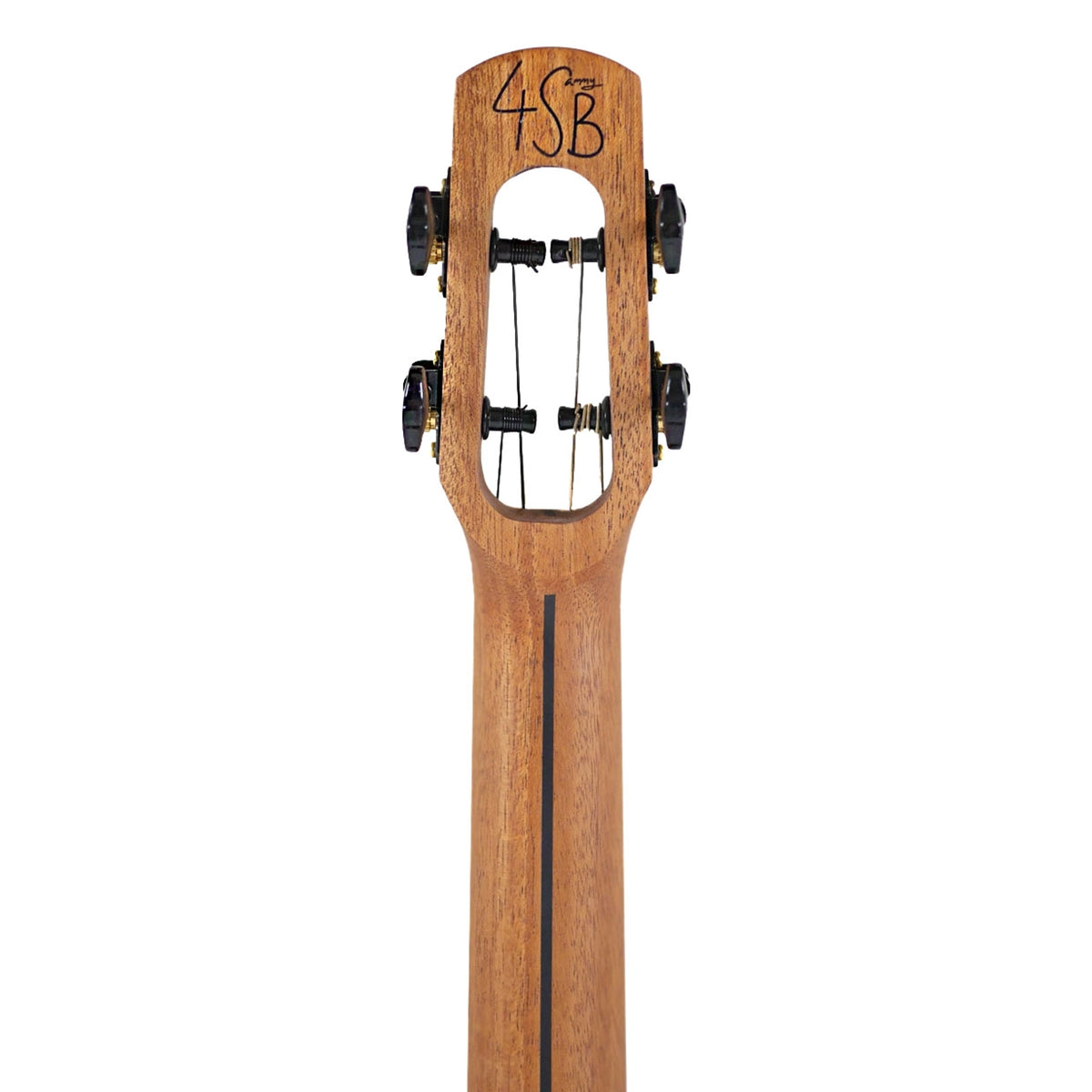 The Flight 4SB Baritone Ukulele displays the back of its African mahogany neck, unique headstock, and open-geared tuners.