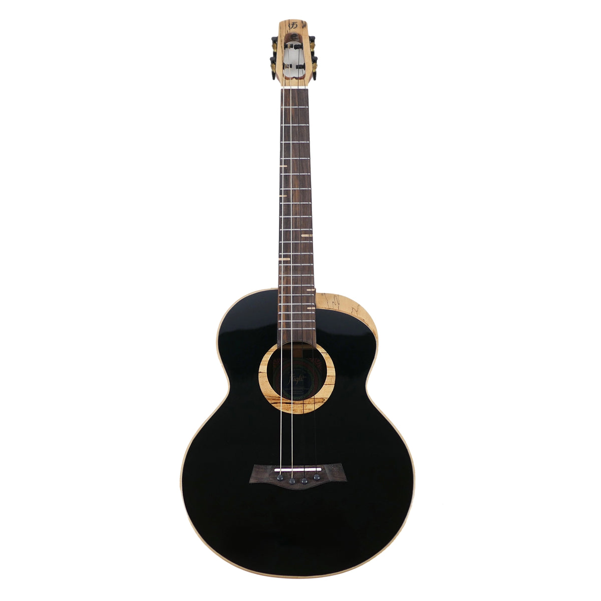 The Flight 4SB Baritone Ukulele is shown from the front, highlighting its black top, spalted maple accents, and 30-inch overall length.