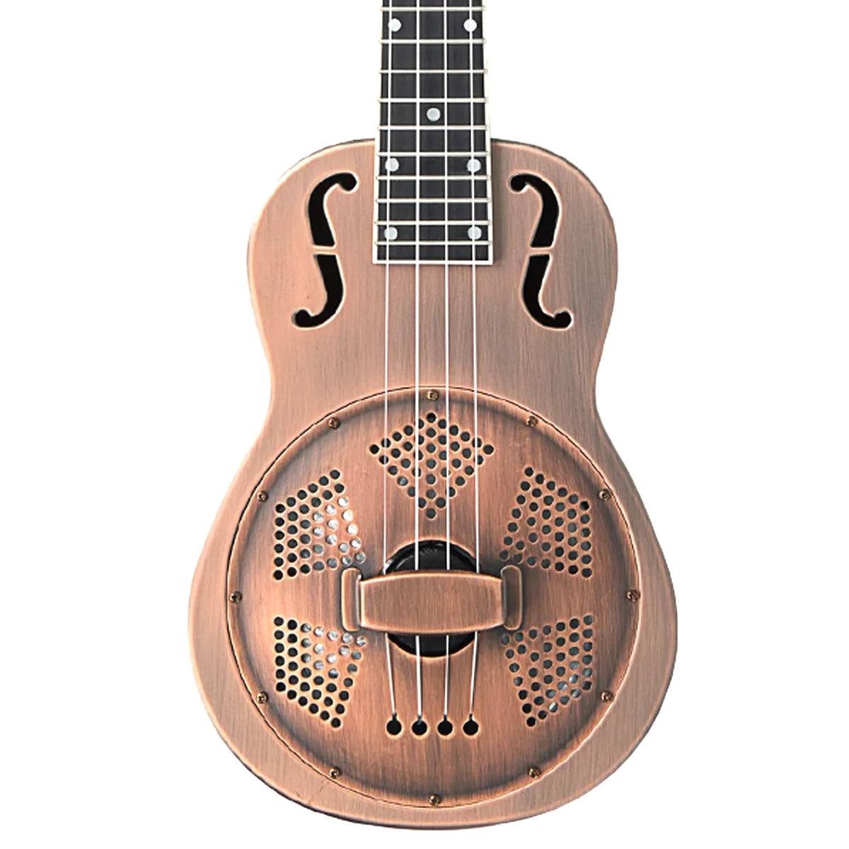 This close-up of the Kala RES-BCR-B-E Baritone Ukulele highlights the bell brass resonator cover and distinctive soundholes.