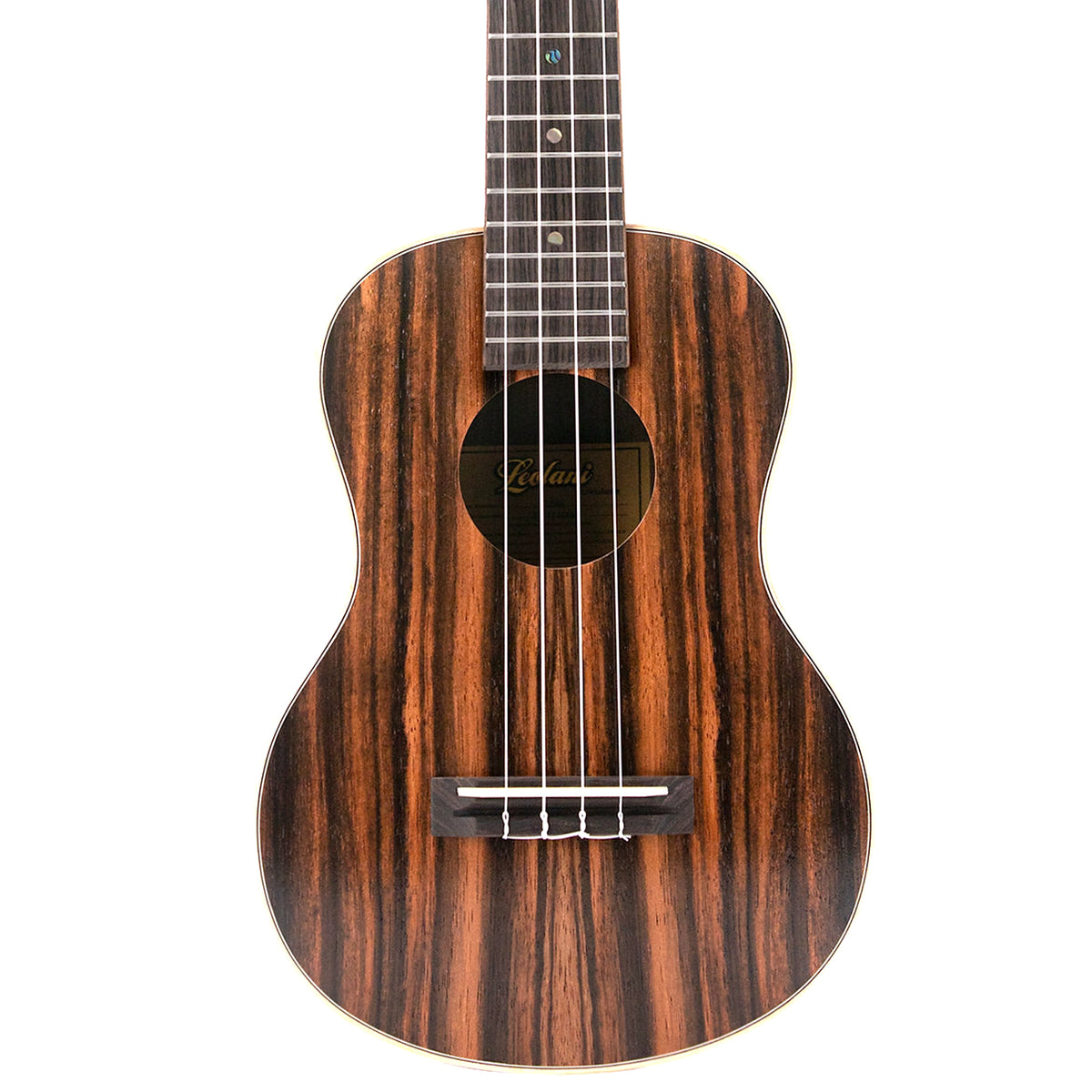 The Leolani T24G body close-up highlights the Macassar ebony grain, reconstituted rosewood bridge, and natural cow bone saddle.