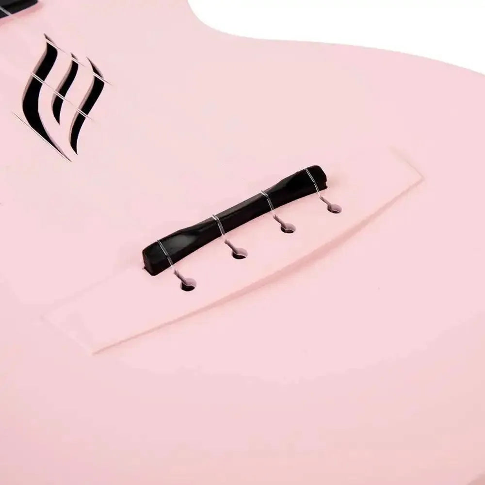 Close-up of pink guitar bridge and sound holes, Terry Carter Music Store, unique black accents.