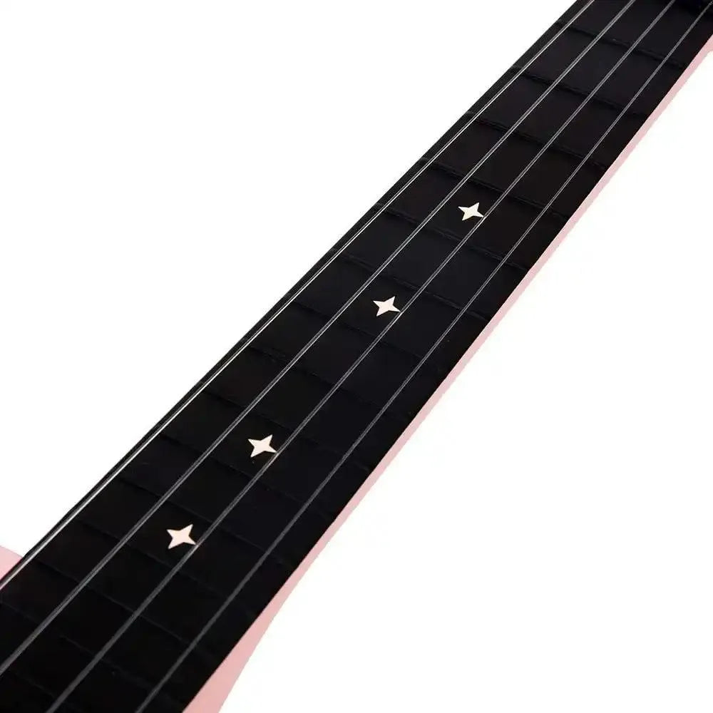 Close-up of a ukulele black fretboard with star inlays from Terry Carter Music Store.