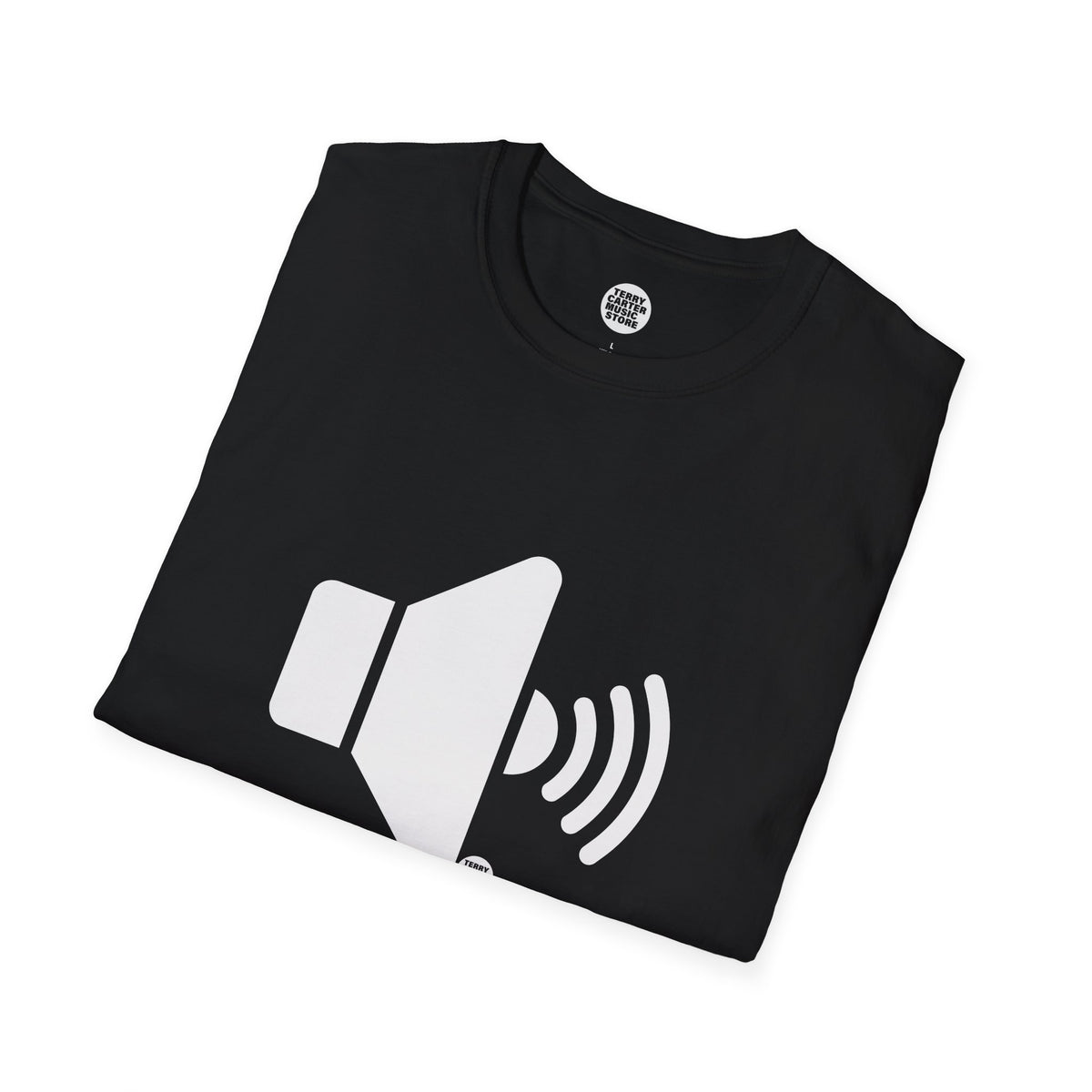 Sound On Speaker Icon black t-shirt folded to show the white speaker logo