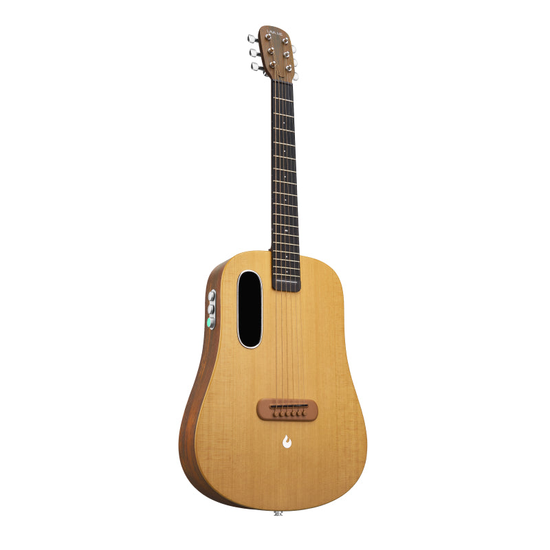 LAVA ME Air Spruce guitar angled front view showing spruce top and brown HPL sides