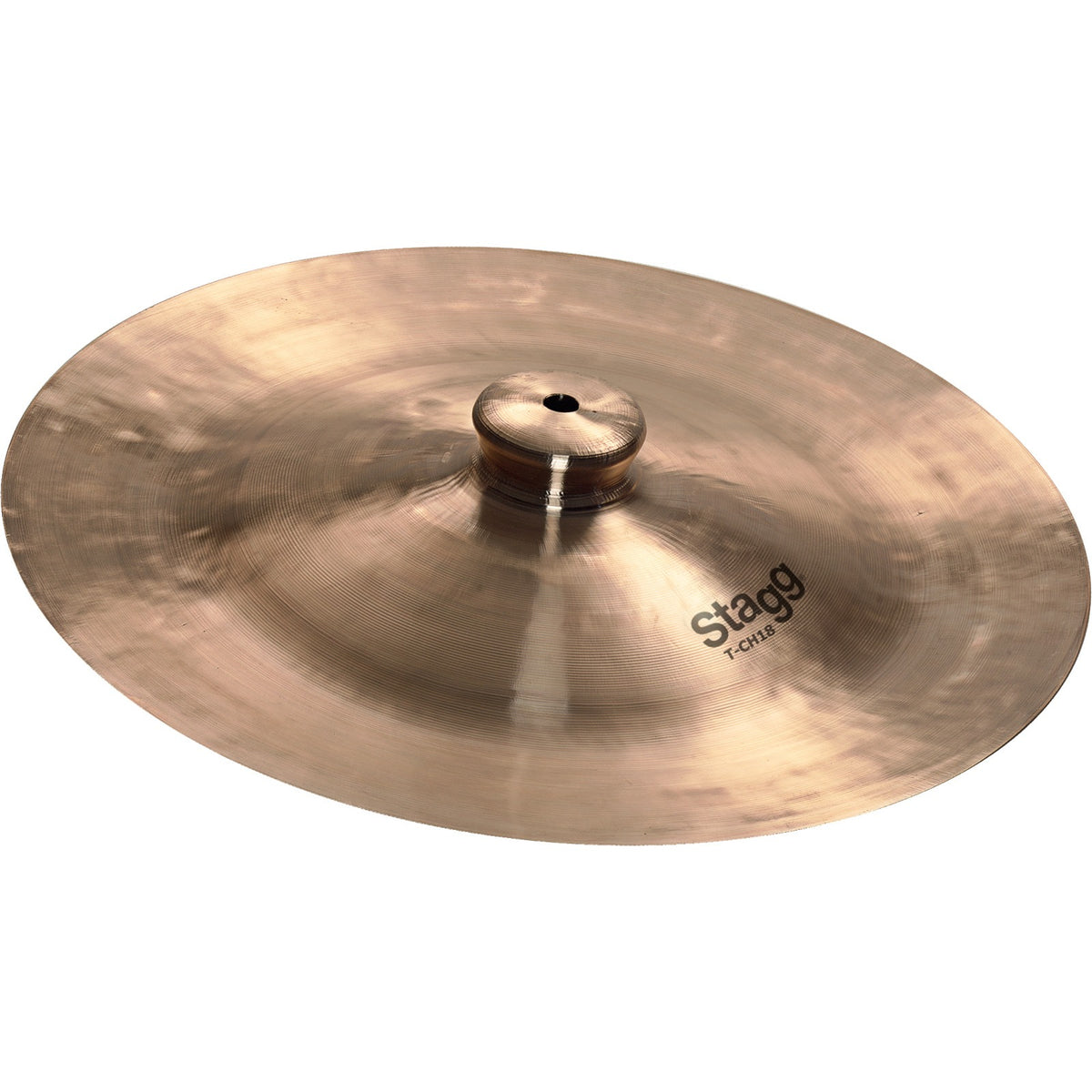 Stagg Traditional China Lion cymbal, angled view of the bronze china cymbal with upturned edge, raised bell and Stagg T-CH18 logo