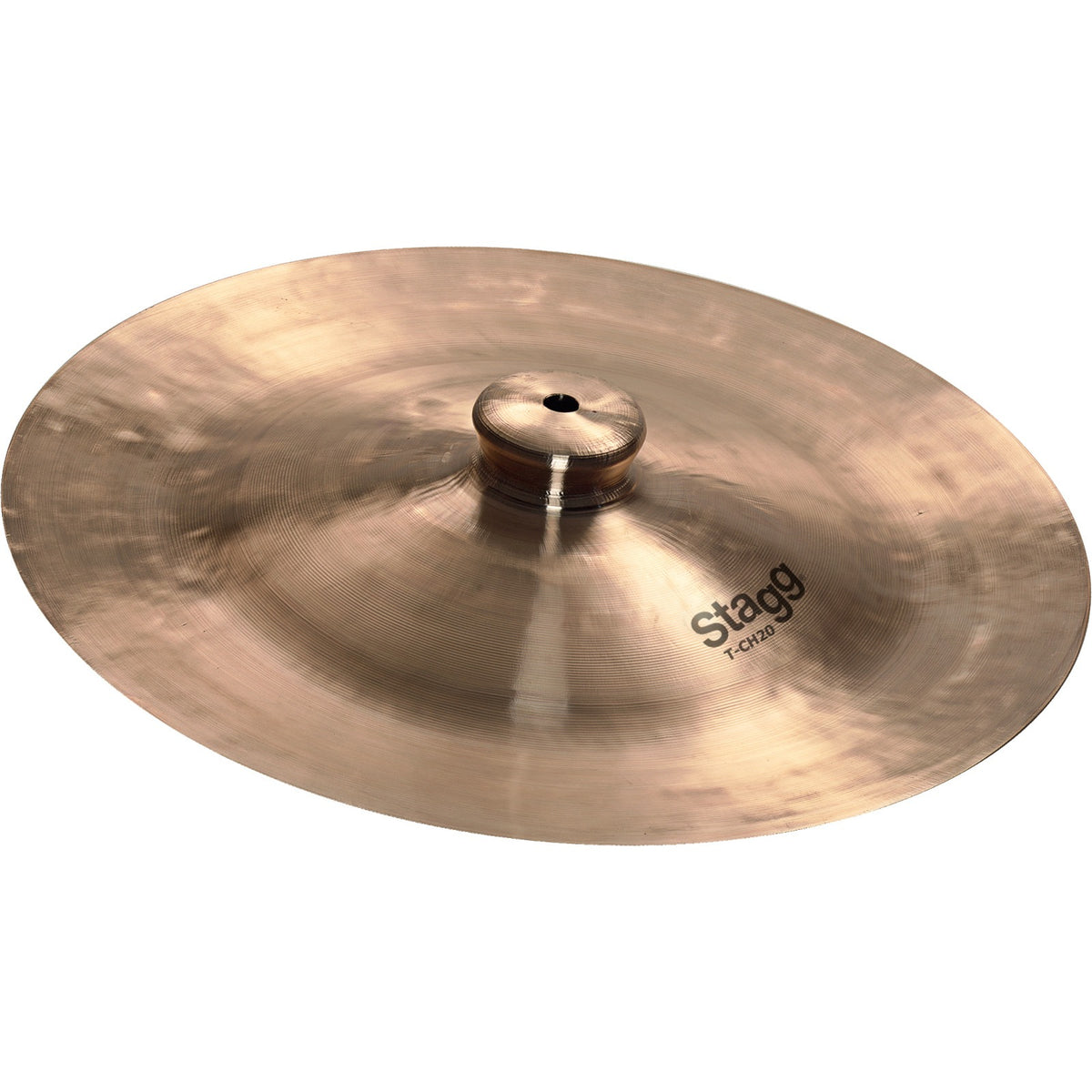 Stagg Traditional China Lion cymbal, angled view of the bronze china cymbal with upturned edge, raised bell and Stagg T-CH20 logo
