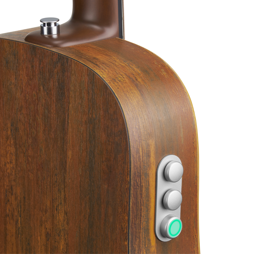LAVA ME Air Spruce guitar back and side close-up, woodgrain brown HPL with three side control buttons