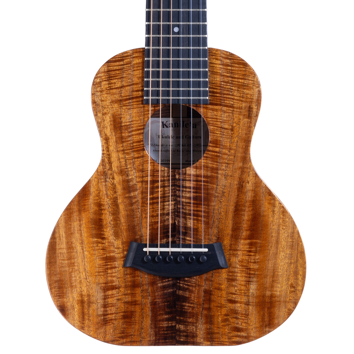 Upper bout of Kanile'a K-1 GL6 Pro guitarlele serial 30199 showing the koa top grain and soundhole