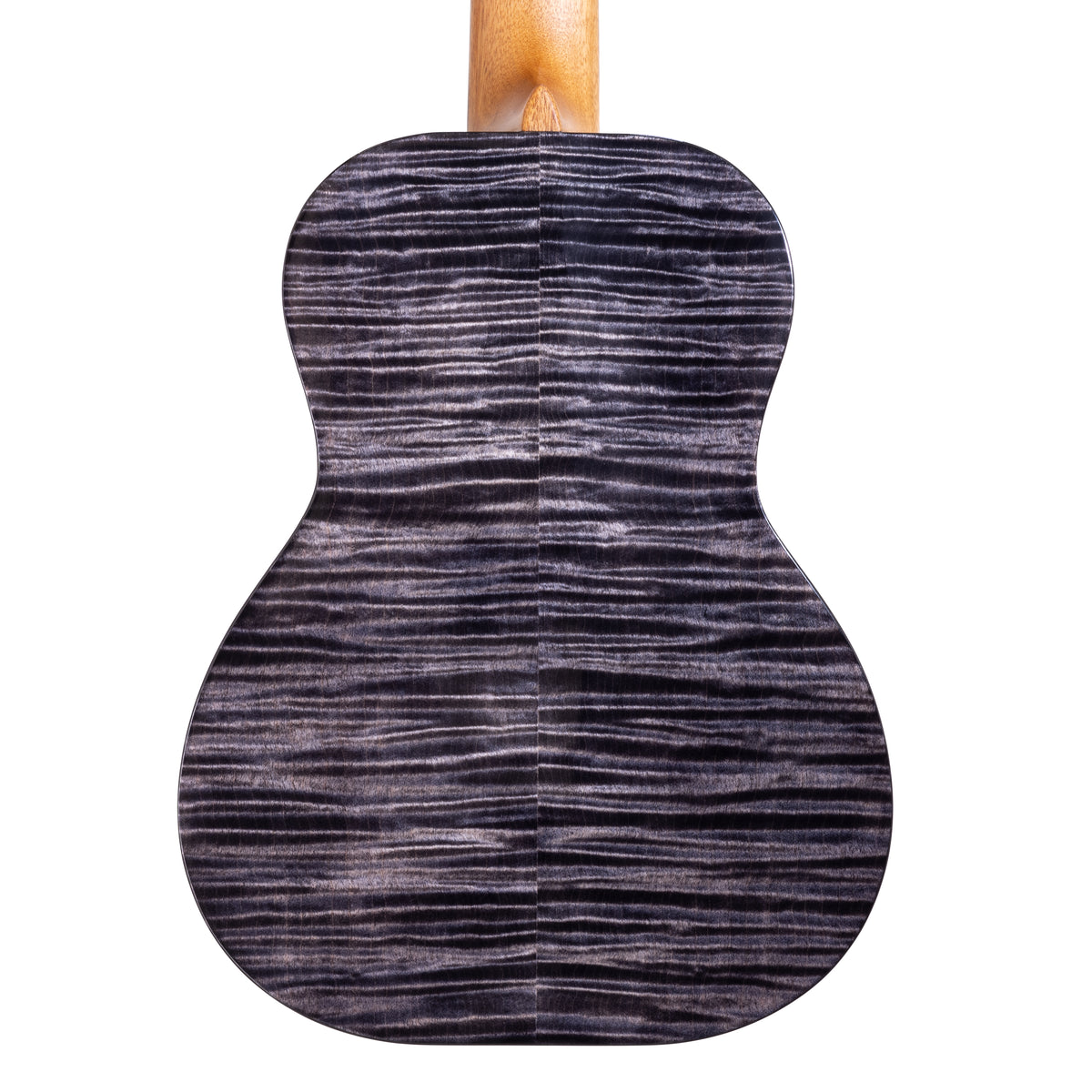 Back of Kanile'a Pohaku Pro tenor ukulele serial 30197 showing the flamed maple back and mahogany neck heel