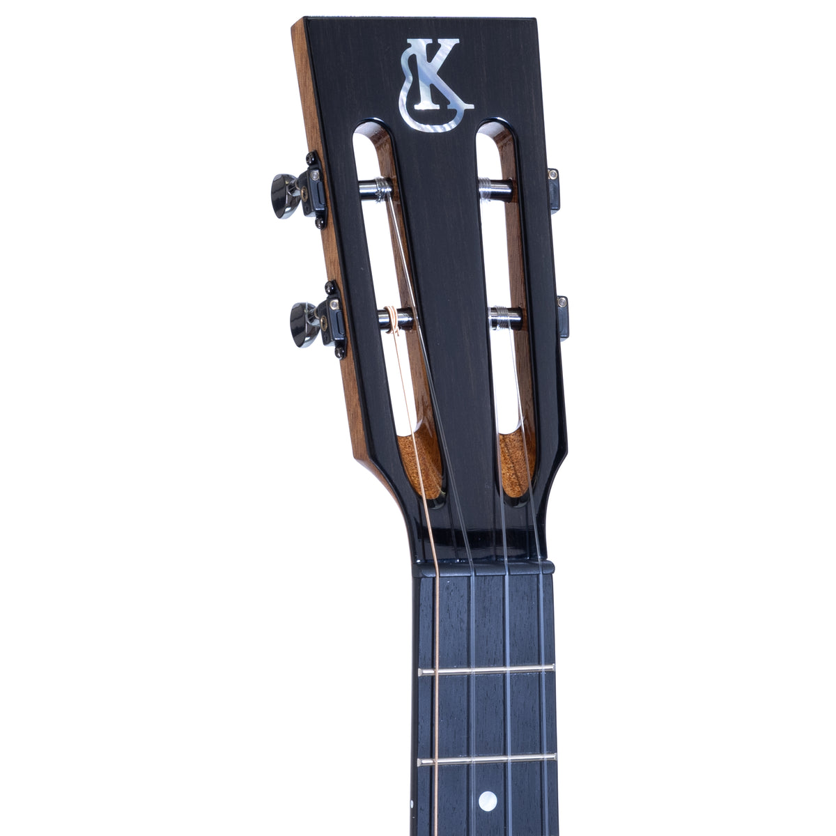 Thin slotted ebony headstock with white mother-of-pearl Kanile'a logo and black Gotoh Stealth tuners on Kanile'a DK-T Pro tenor ukulele, serial 30180