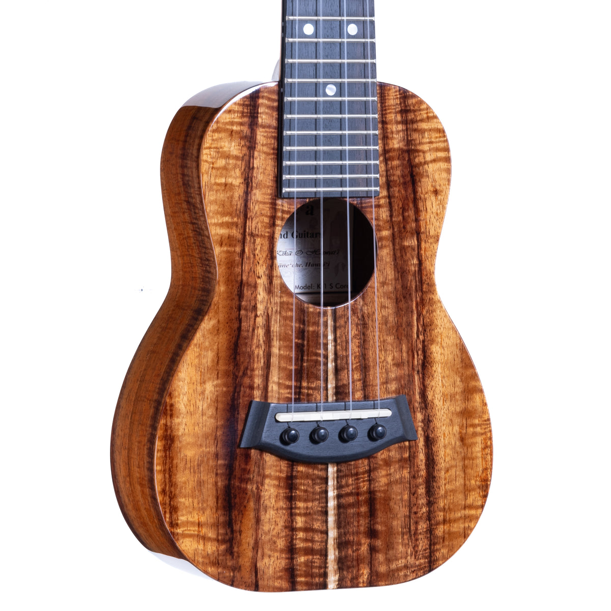 Kanile'a K-1 Deluxe Soprano ukulele, serial 30208: close-up of the koa top and soundhole