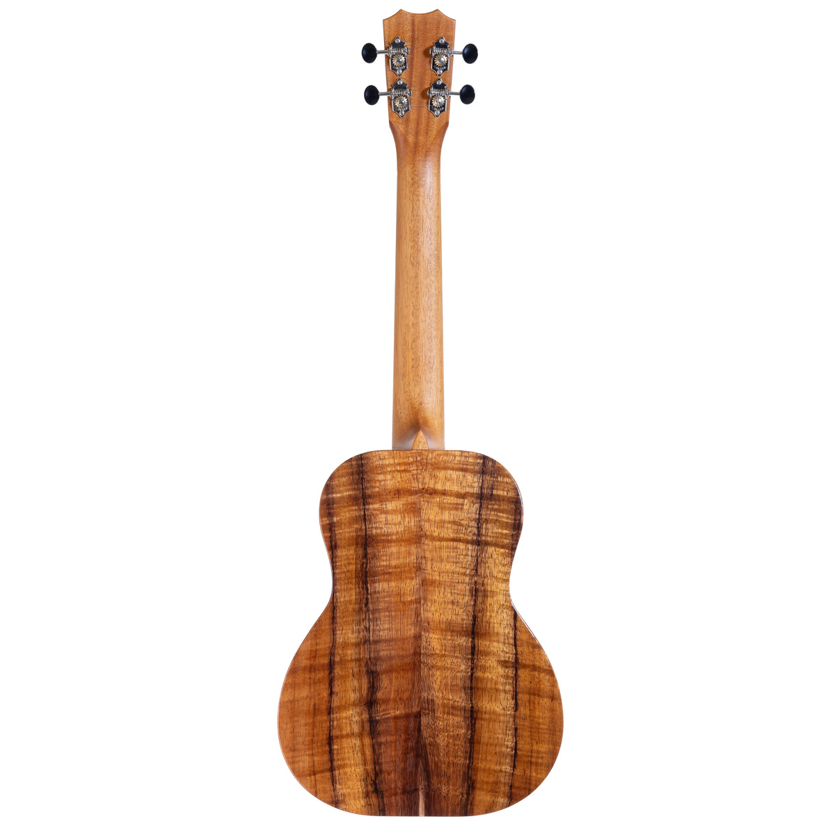 Full back view of Kanile'a D-1 Pro 6-string tenor ukulele serial 30091 with koa back, mahogany neck and chrome open gear tuners