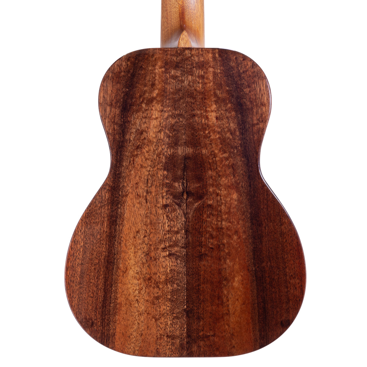 Back of Kanile'a D-1 Deluxe tenor ukulele serial 30098 showing the koa back and mahogany neck heel
