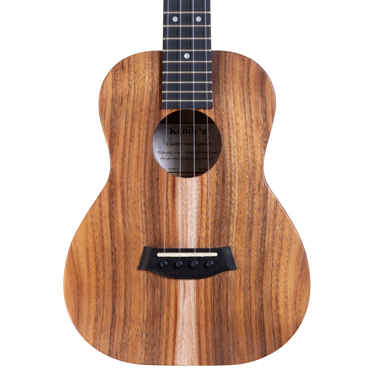 Upper bout of Kanile'a K-1 Natural tenor ukulele serial 29971 showing the Select Grade koa top grain and the label inside the soundhole