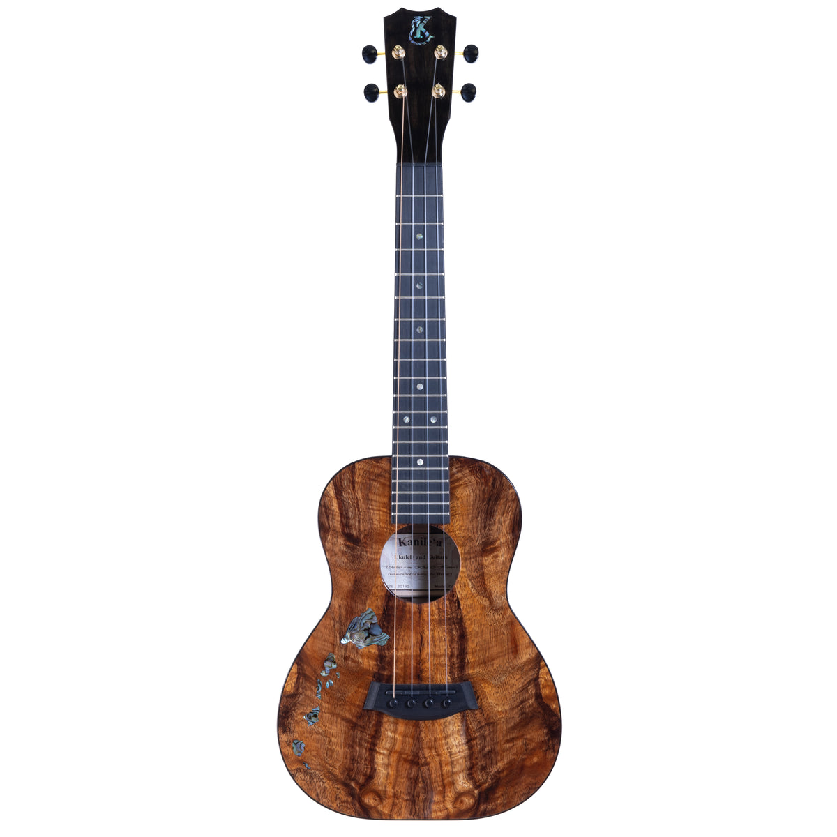 Kanile'a Islands Premium Tenor ukulele with Paua abalone island chain inlay, serial 30195: full front view