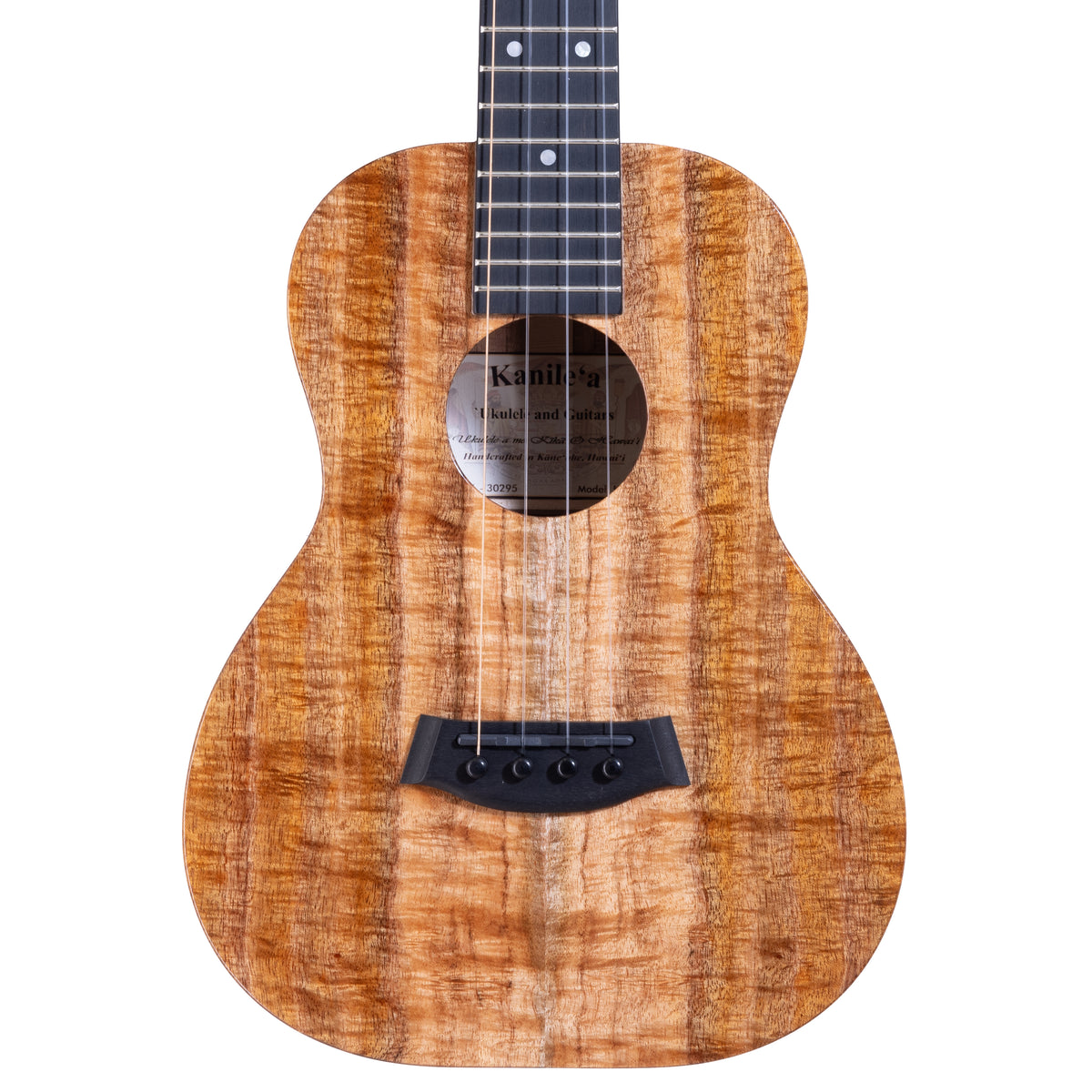 Upper bout of Kanile'a K-1 Pro tenor ukulele serial 30295 showing the koa top grain and soundhole
