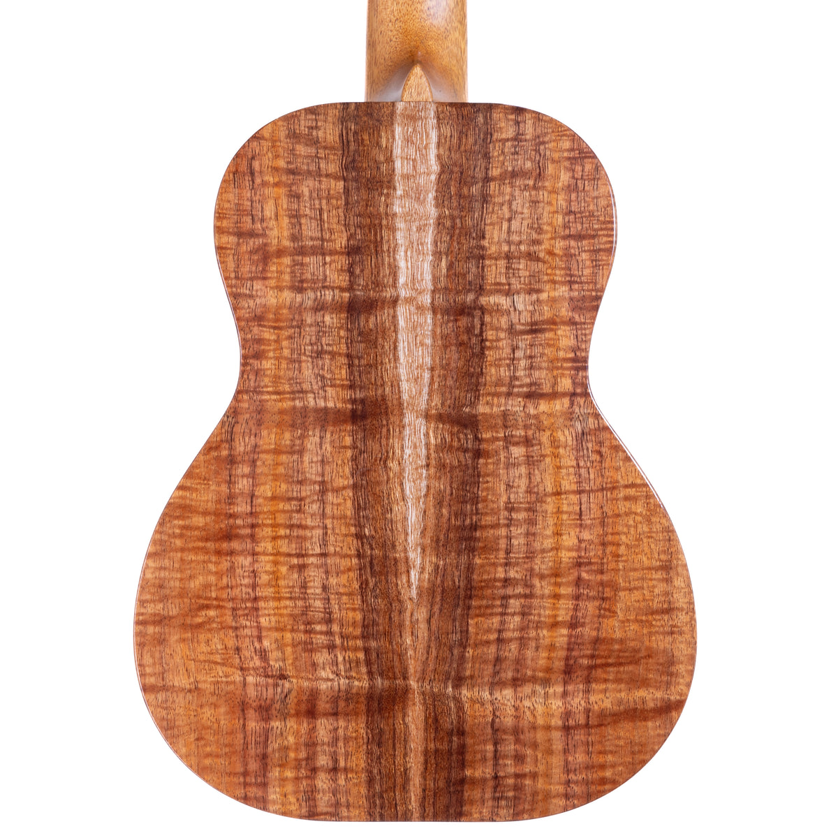 Back of Kanile'a KPA-T Pro tenor ukulele serial 30183 showing the koa back grain and mahogany neck heel