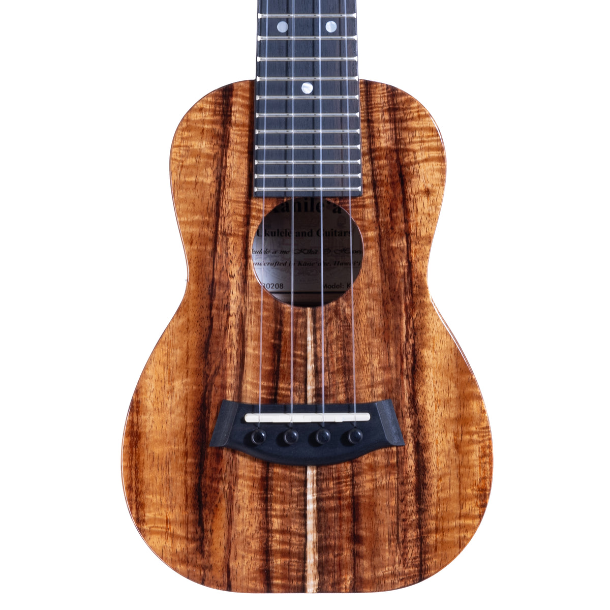 Kanile'a K-1 Deluxe Soprano ukulele, serial 30208: close-up of the upper bout and neck joint
